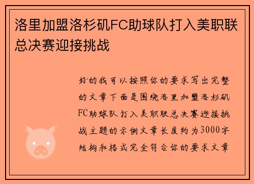 洛里加盟洛杉矶FC助球队打入美职联总决赛迎接挑战